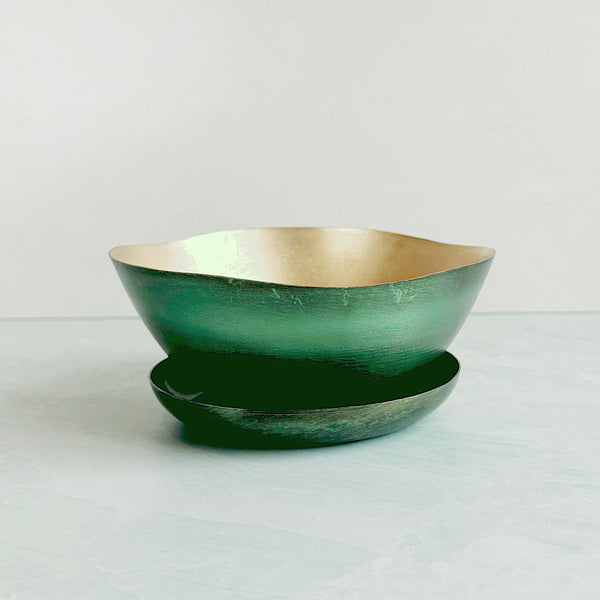 Small Iron Pot & Saucer - Green & Gold Patina - Freshie & Zero Studio Shop