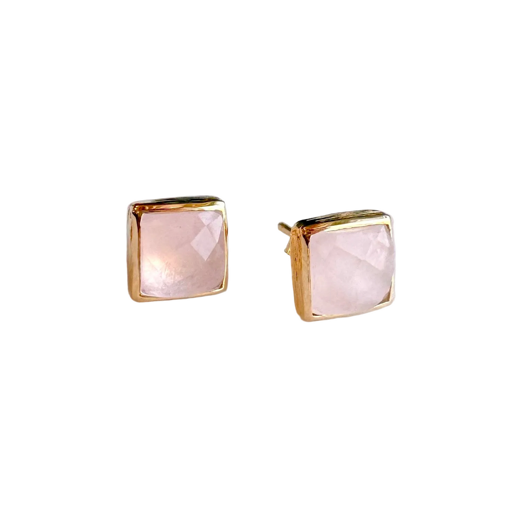 Square Gold Stone Stud Earrings: Rose quartz - Freshie & Zero Studio Shop