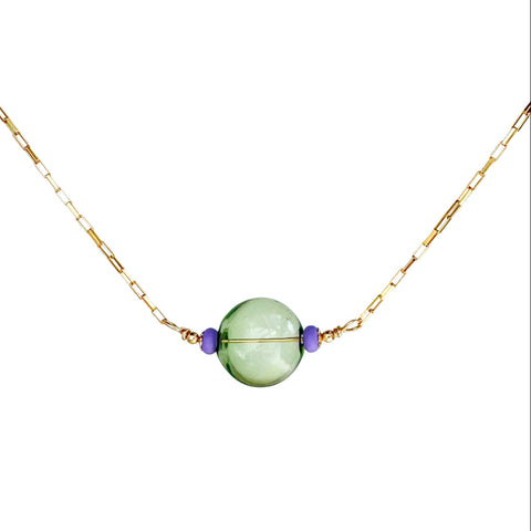 Green Orb Artisan Glass Necklace by Freshie & Zero, featuring a handcrafted glass pendant on a delicate chain.