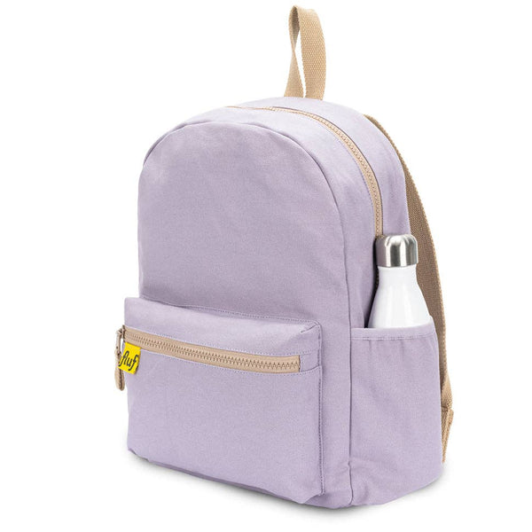 Organic cotton lavender backpack from Fluf featuring adjustable straps and a spacious main compartment.