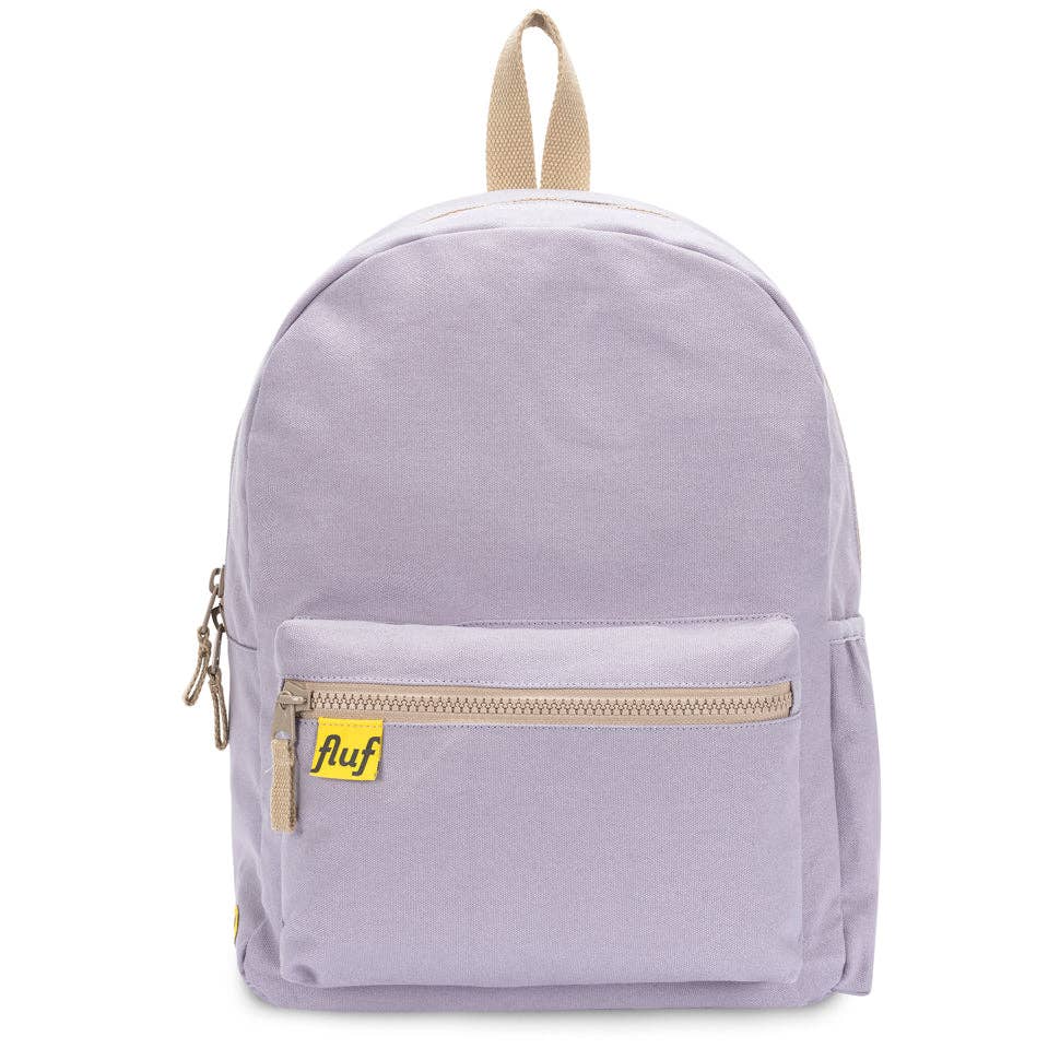 Organic Cotton Backpack by Fluf in lavender color, featuring adjustable straps and spacious main compartment.