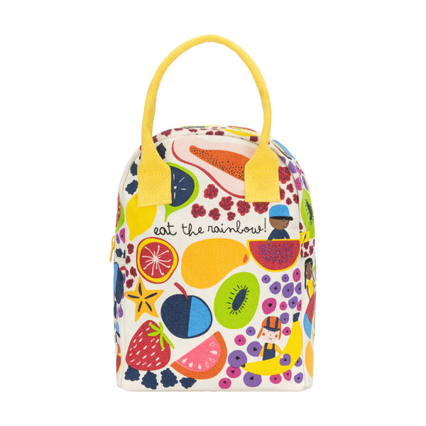 Colorful Eat the Rainbow lunch bag by Fluf with vibrant rainbow pattern, made of durable fabric, designed for kids' lunch storage.