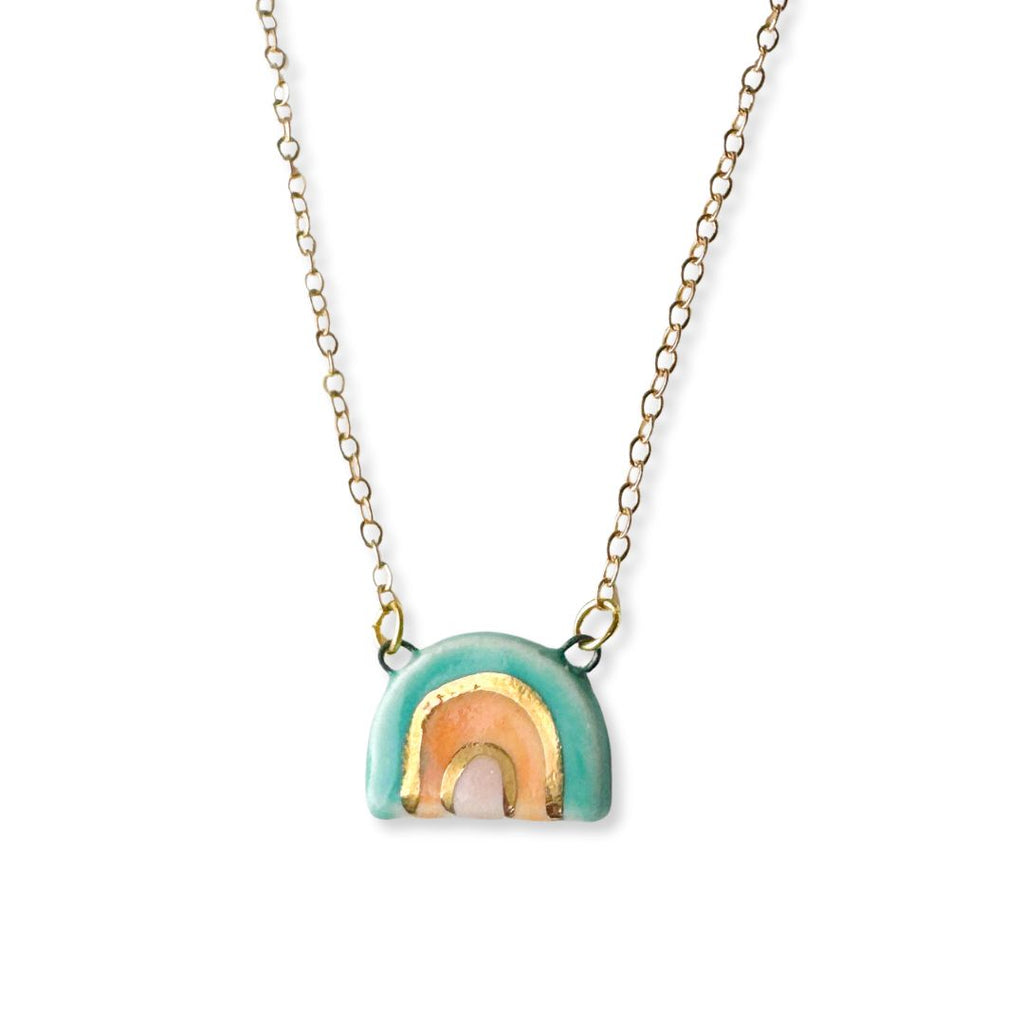 Teal & Peach Rainbow Ceramic Pendant Necklace - Freshie & Zero Studio Shop
