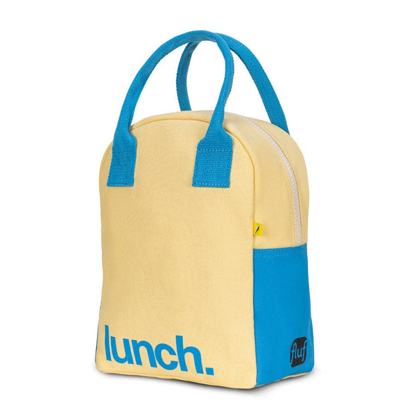 Blue Butter Classic Lunch Bag by Fluf, reusable fabric bag with zipper closure and colorful butterfly print for kids and adults.