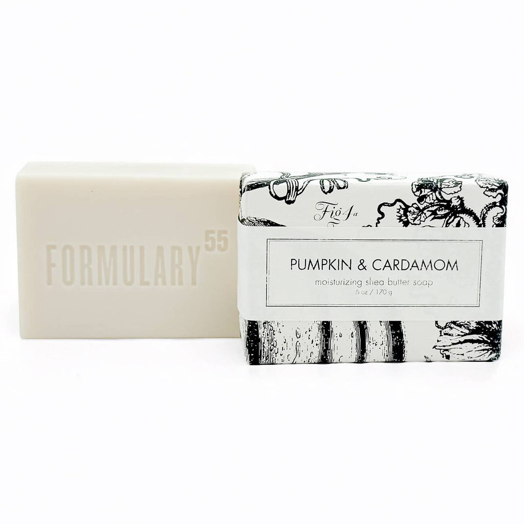 Formulary 55 Pumpkin & Cardamom Shea Butter Soap bath bar with decorative pumpkin design and natural soap texture.