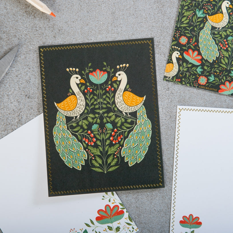 Teal Peacock Floral Luxury Stationery Set – 8 Flat Notecards - Freshie & Zero Studio Shop