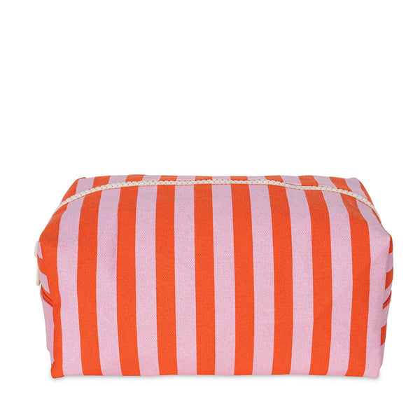 Pink Fluf Traveller Toiletry Bag with awning stripe design, featuring a compact bag with zipper closure for travel organization.
