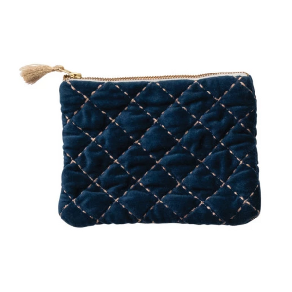 Quilted Cotton Velvet Zip Pouch w/ Metallic Thread Embroidery & Tassel - Freshie & Zero Studio Shop