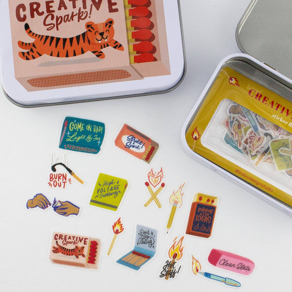 Creative Spark Tin with Bobo Design Studio washi sticker flakes and matchbox-style sticker pack in a decorative tin container.