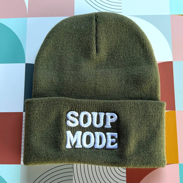 Silver Spider Soup Mode embroidered beanie winter hat with a cozy knit design and embroidered logo on the front.