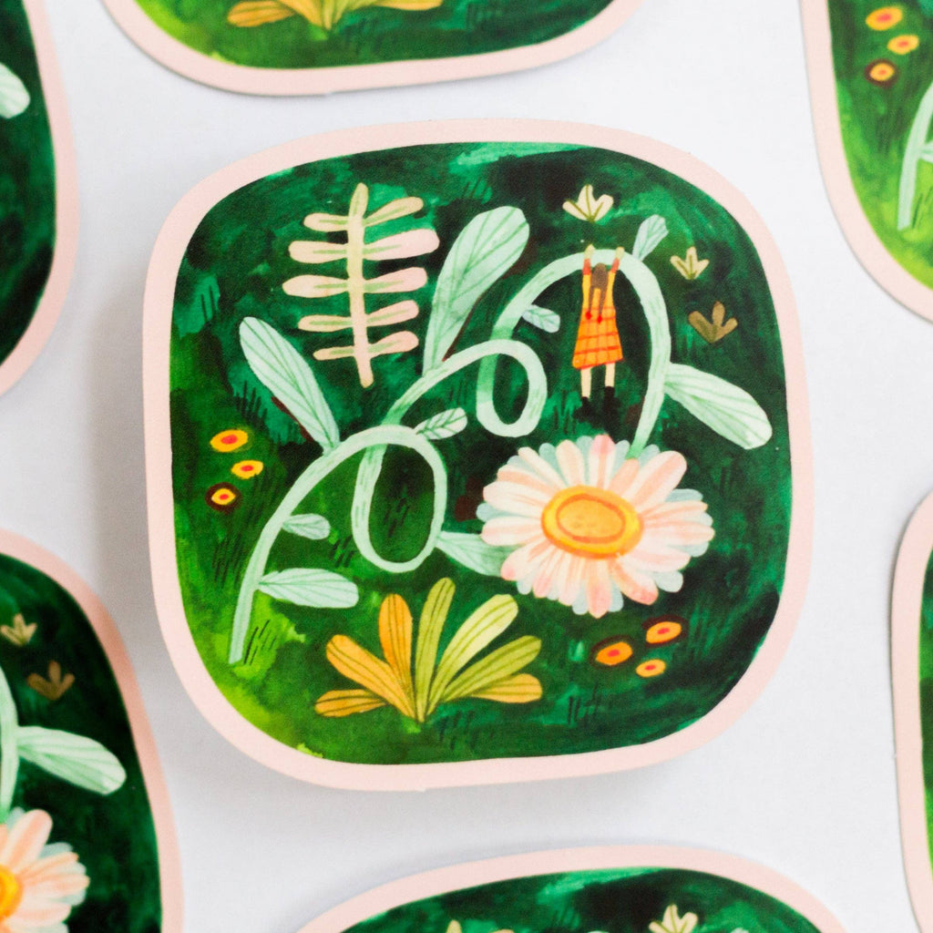 Vinyl sticker from Wild Pencil Studio featuring "Growing Together" design with colorful, hand-drawn floral and plant illustrations.