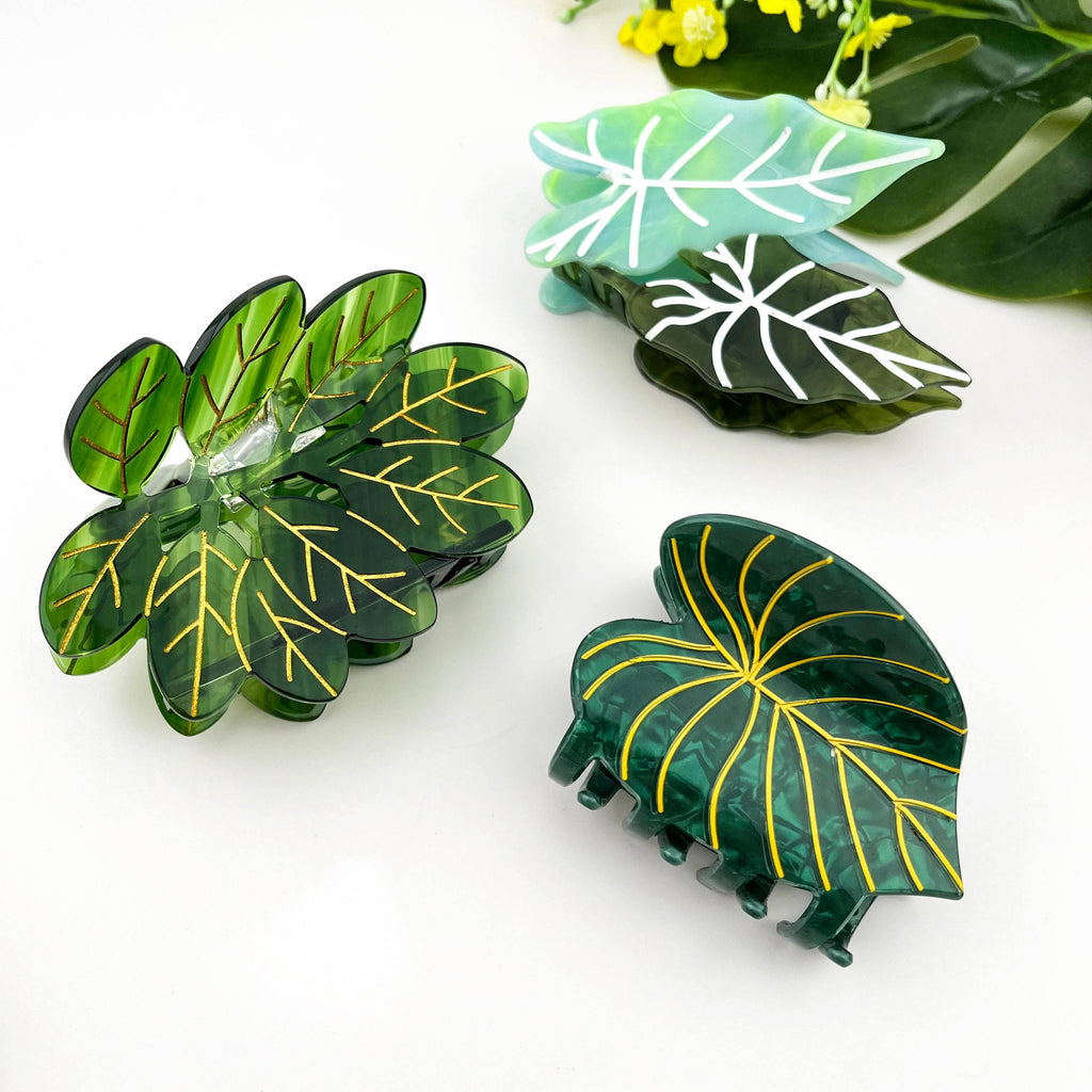 Acetate Leaf Hair Claw Clip, Monstera Leaf Hair Clip: Dark Green Blue - Freshie & Zero Studio Shop