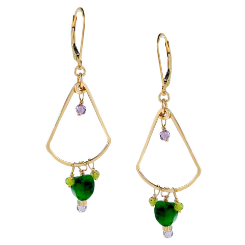 Golden fan earrings with green jade oval stones, featuring elegant dangle design by Freshie & Zero