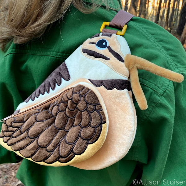 American Woodcock plush crossbody bag by Allison Stoiser Art, featuring detailed bird design and soft fabric, perfect for casual use.