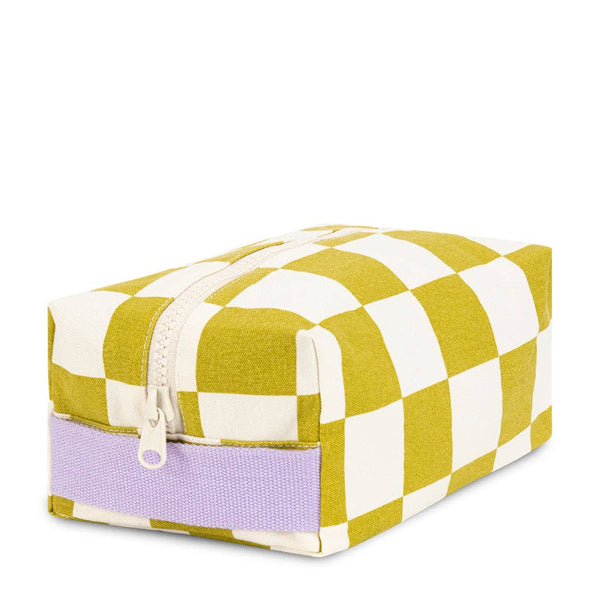 Fluf Traveller Toiletry Bag in Checker Pear Green, a compact bag with zipper closure, ideal for travel organization.