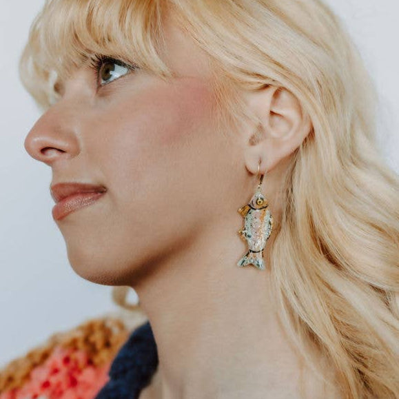 Rainbow trout Handmade Ceramic Statement Earrings - Freshie & Zero Studio Shop