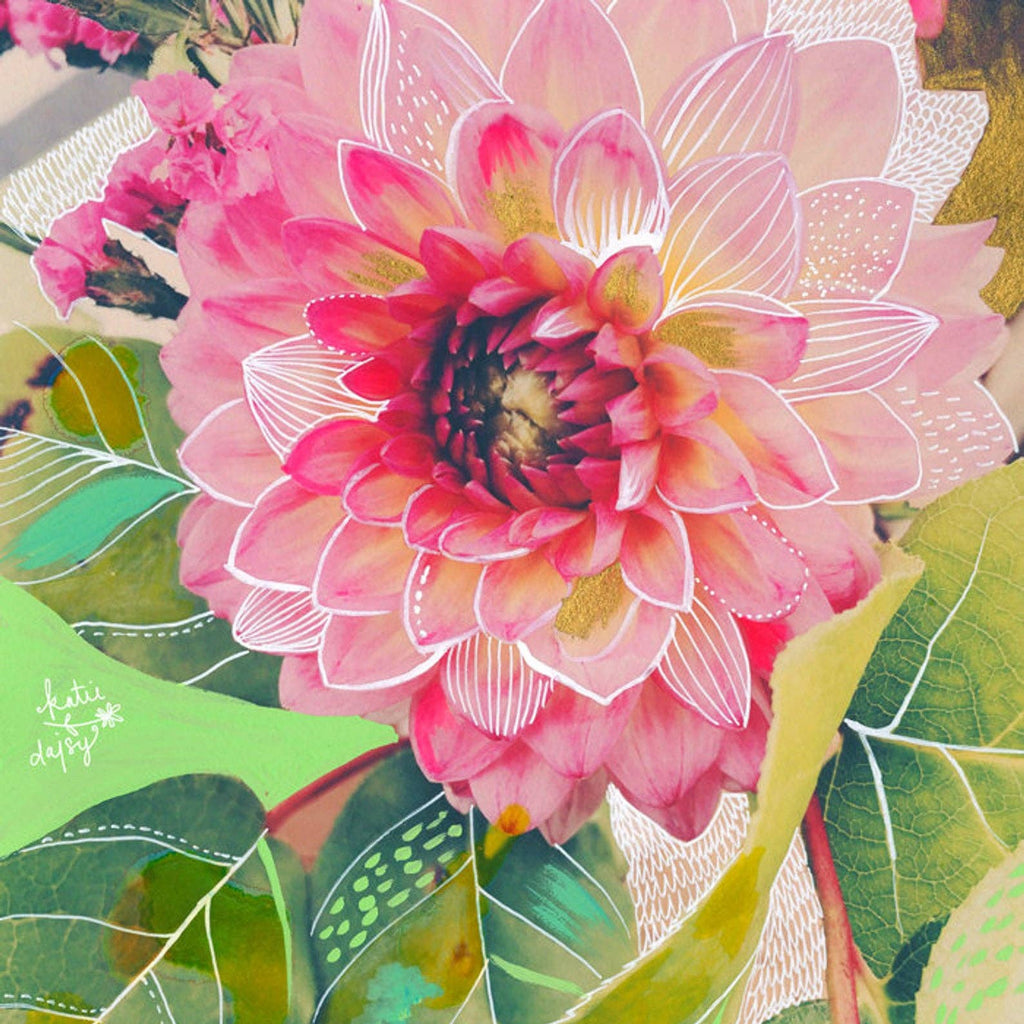 Colorful Dahlia art print by Katie Daisy featuring vibrant floral artwork on paper poster.