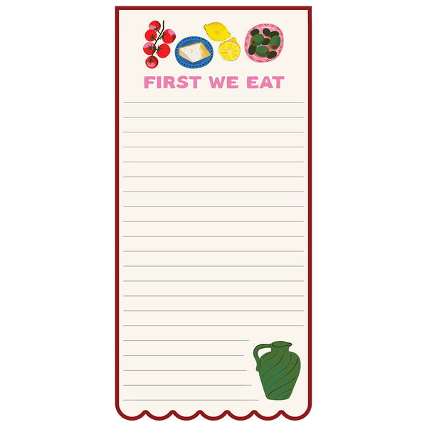 Punch Studio Mediterranean Eat magnetic list pad with colorful Mediterranean food illustrations and lined writing space