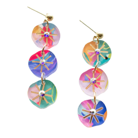 Handpainted colorful abstract dangle earrings by Jill Makes featuring vibrant brushstroke designs and elegant gold hooks.