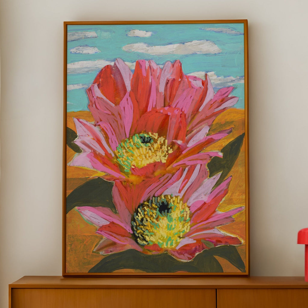 Pink desert cactus art print by El Baker in 16x20 poster, featuring vibrant pink flowers and desert landscape artwork.