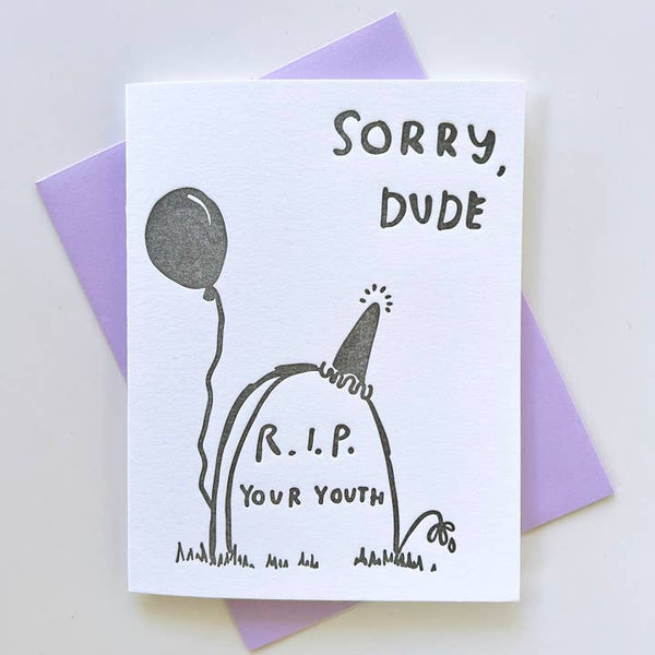 Goodbye Youth letterpress birthday greeting card by Ghost Academy with elegant typography and textured paper design.