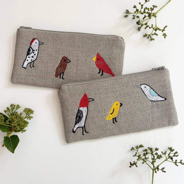 Backyard Birds Embroidered Linen Pouch - Freshie & Zero Studio Shop