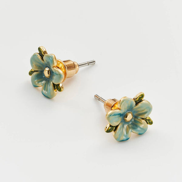 Forget Me Not vintage-style enamel flower earrings by Fable England featuring delicate blue flower studs.
