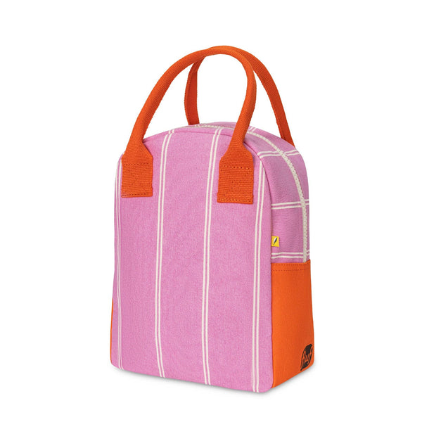 Pink Fluf stripe lunch bag made of durable fabric, featuring a zipper closure and a stylish striped pattern for kids and adults.