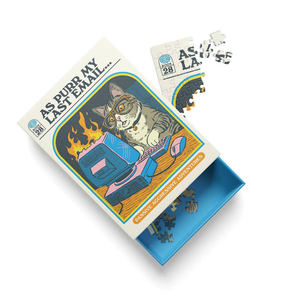 Mini matchbox jigsaw puzzle titled "As Purr My Last Email" by Ohh Deer, featuring a colorful, playful puzzle design.