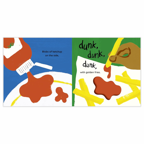 Baby reading "Tomato, Tomato, Tomato!" board book by Hachette Book Group, featuring colorful illustrations of tomatoes.