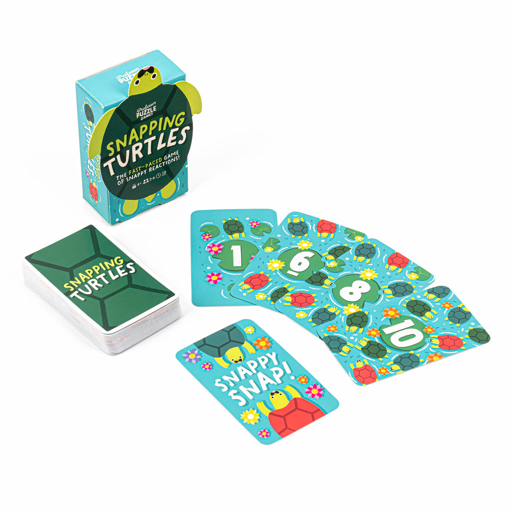 Snapping Turtles card game by Professor Puzzle USA, Inc., featuring colorful turtle illustrations and game cards on a table.