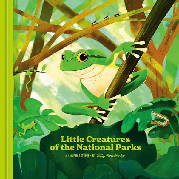 Child reading "Little Creatures of the National Parks" alphabet book by Penguin Random House LLC, showing colorful pages and park animals.