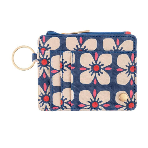 Karma Zipper ID Wallet with tile floral pattern, compact accessories with a zip closure and multiple card slots, stylish and functional.