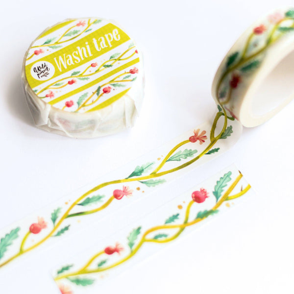 Watercolor flower vines washi tape by Wild Pencil Studio featuring delicate floral and vine patterns on semi-transparent tape