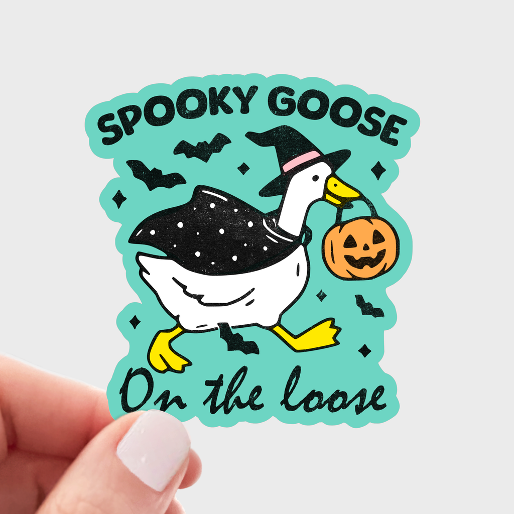 Spooky Goose on the Loose Halloween sticker by Yarnival featuring a silly fall-themed goose in a fun, spooky design.