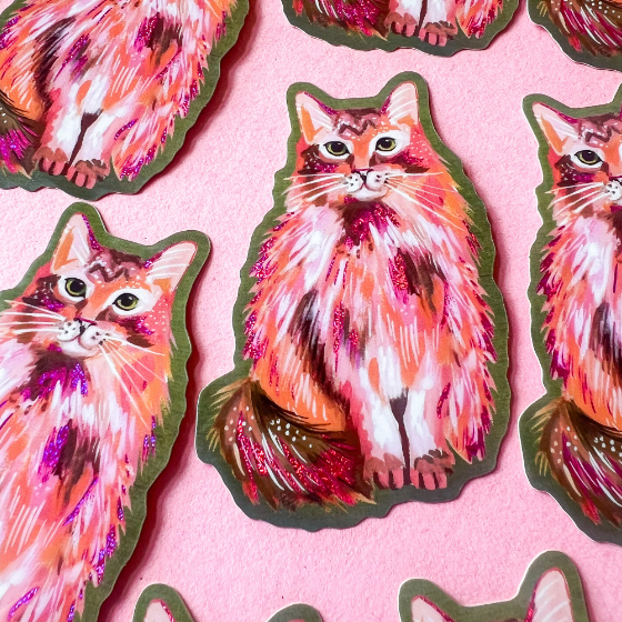 Pink glitter kitty sticker by Katie Daisy, featuring a cute cat design with sparkling pink glitter details.