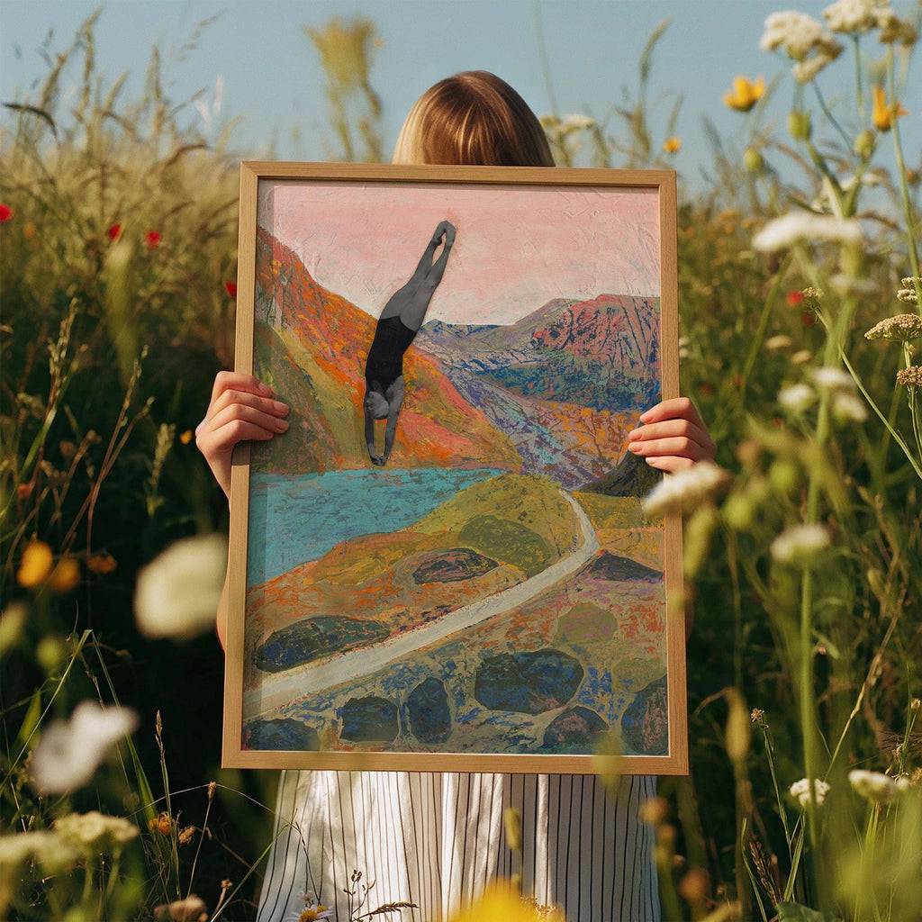El Baker Art swimming diver art print, 8x10 poster featuring vibrant aquatic-themed visual artwork.