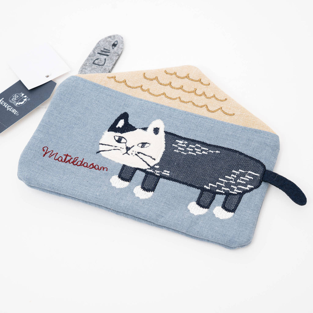 Embroidered Cat Pouch - Blue | Kusuguru Japan - Freshie & Zero Studio Shop