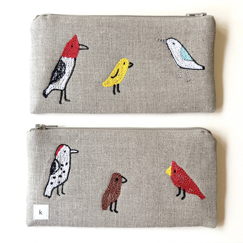 Backyard Birds Embroidered Linen Pouch - Freshie & Zero Studio Shop