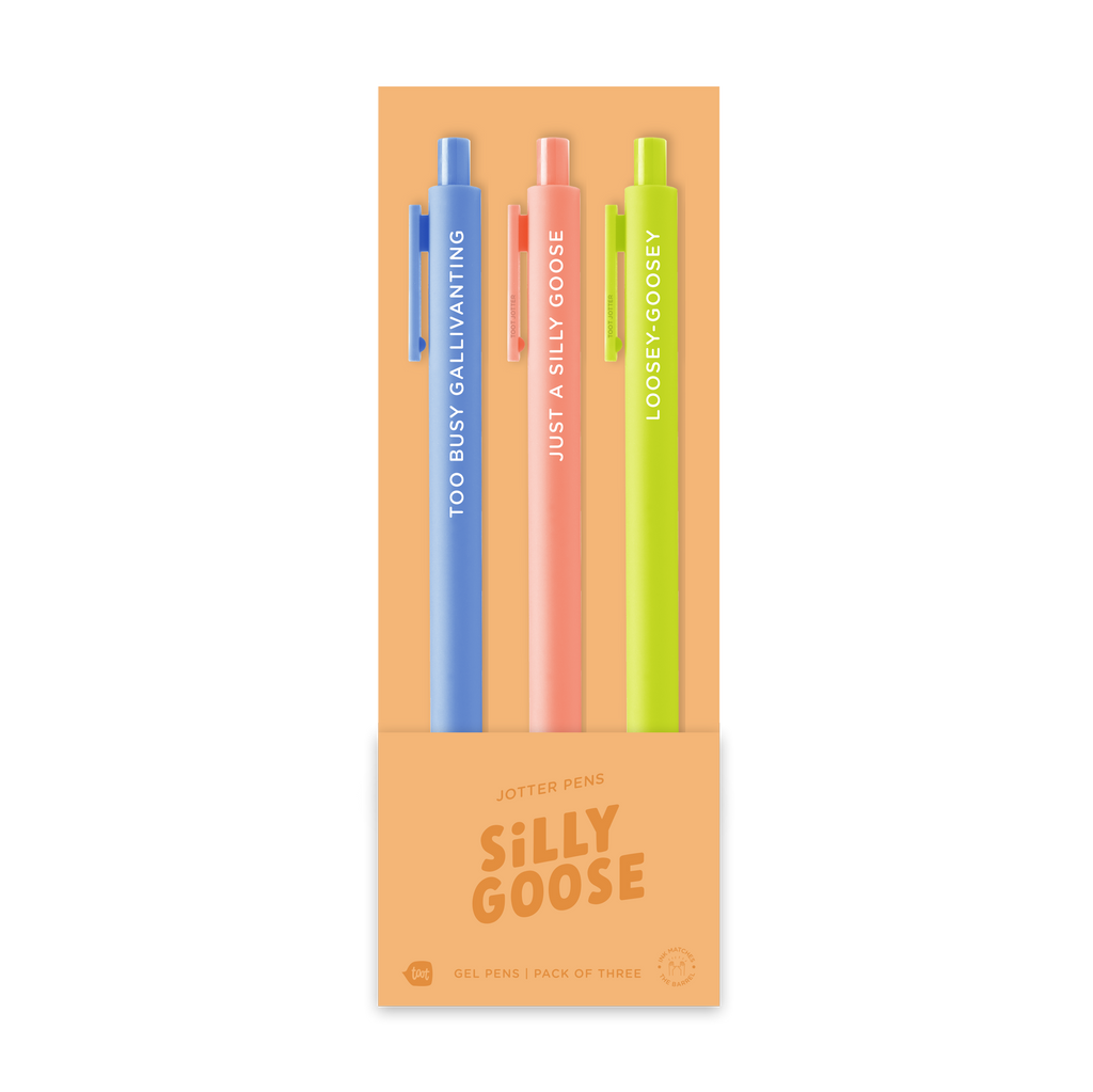 A set of three colorful Jotter Pens in a peach-colored cardboard display box. The pens are light blue with the text 'TOO BUSY GALLANTING', light pink with the text 'JUST A SILLY GOOSE', and light green with the text 'LOOSELY GOOSEY'.