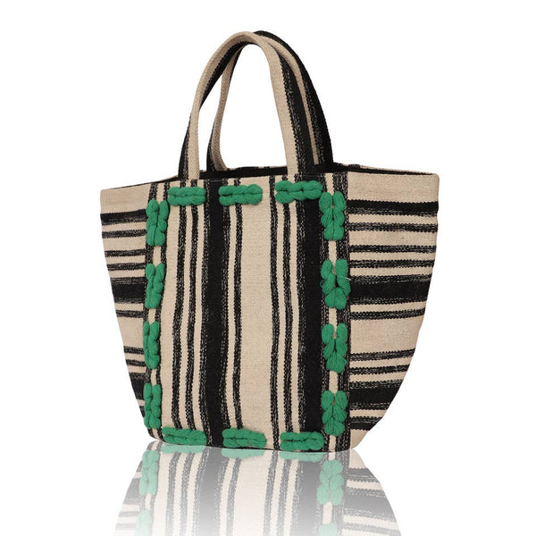 Ivory Black & Green Stripe Cotton Boho Tote Bag - Freshie & Zero Studio Shop