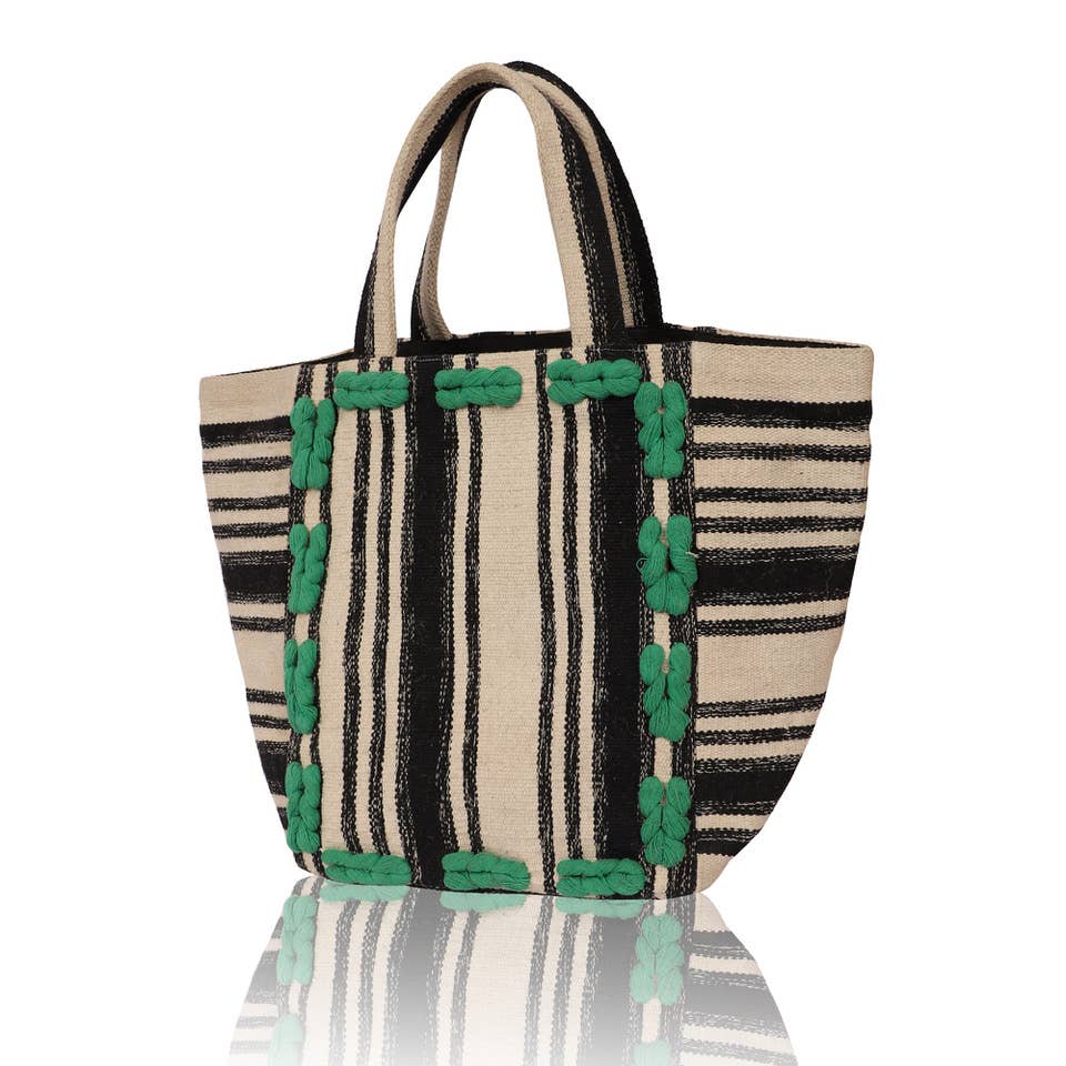 Ivory Black & Green Stripe Cotton Boho Tote Bag - Freshie & Zero Studio Shop