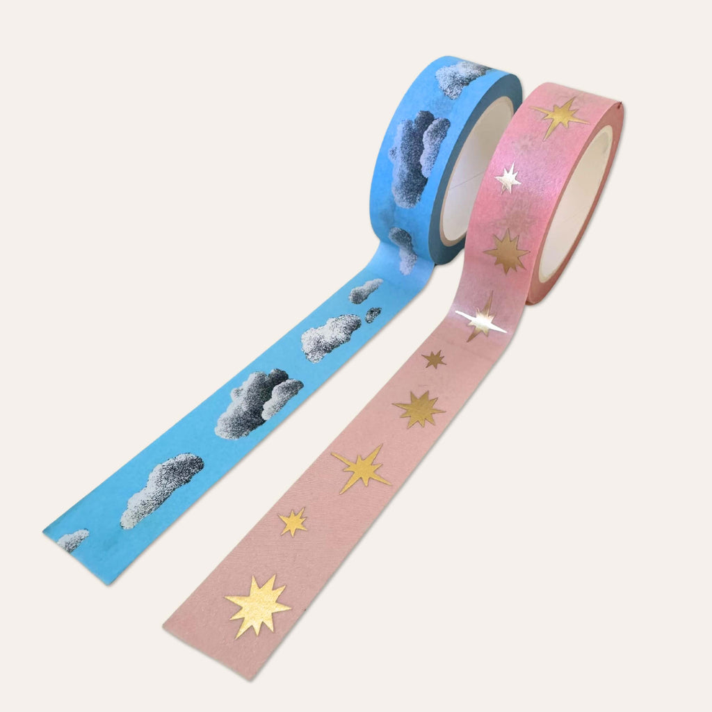 Set of two washi tapes with clouds and gold stars design by Rainbow Vision LLC, featuring whimsical cloud and star patterns.