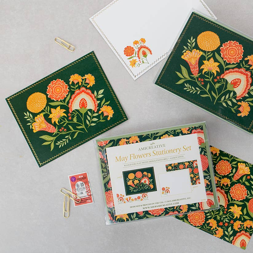 Green Botanical Luxury Stationery Set – 8 Flat Notecards - Freshie & Zero Studio Shop