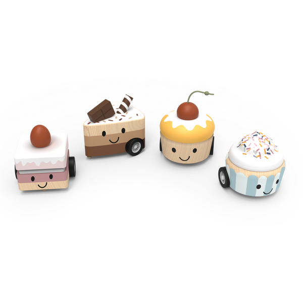 Speedy Monkey Cake Pull Back Wooden Toy with colorful painted design, small size, and smooth finish for children’s play.