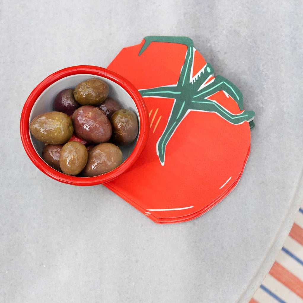 Tomato Party Enamel Bowl from Talking Tables USA, vibrant red kitchen bowl for home, birthday, and seasonal decor.