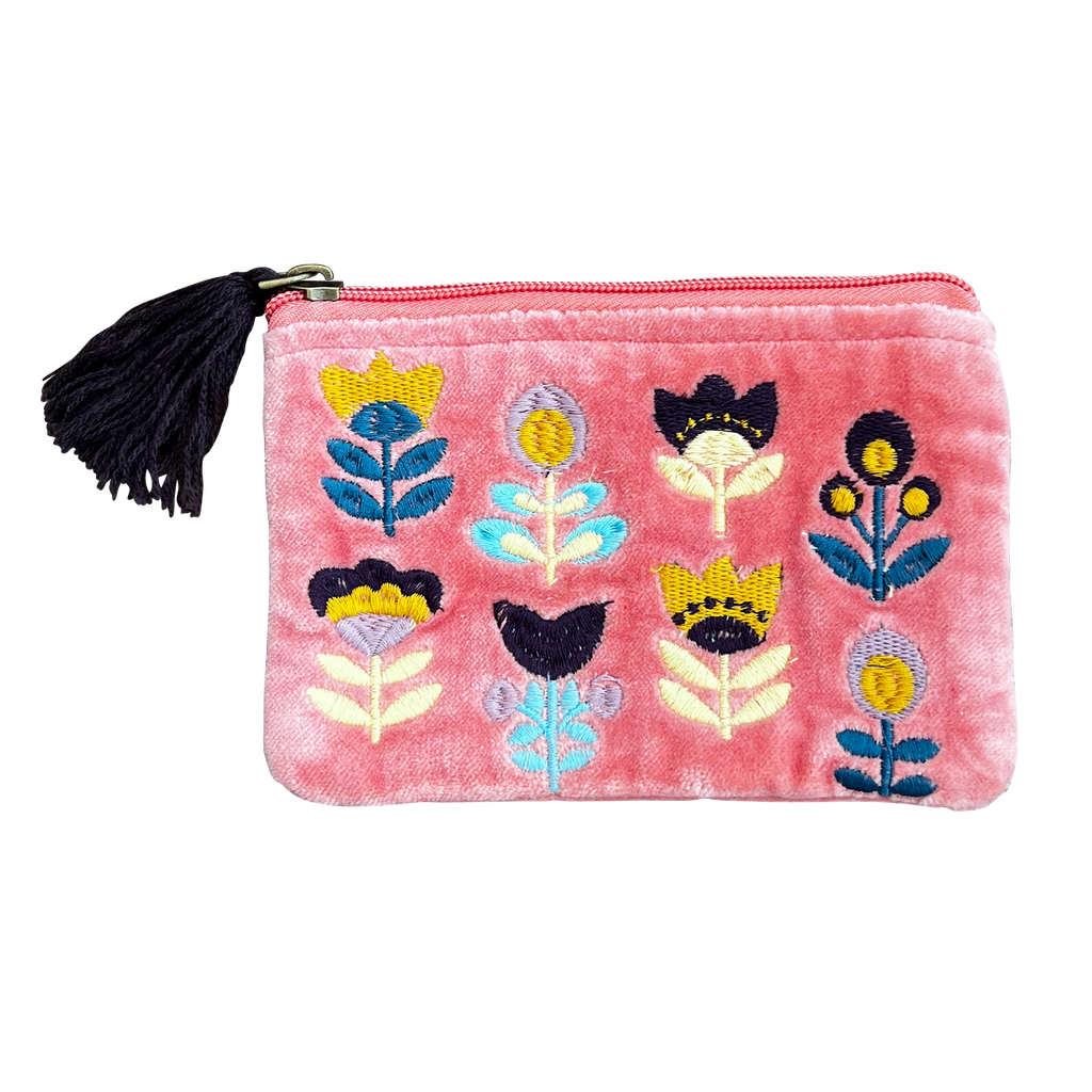 Tulips on Pink Velvet Embroidered Cotton Pouch - Freshie & Zero Studio Shop