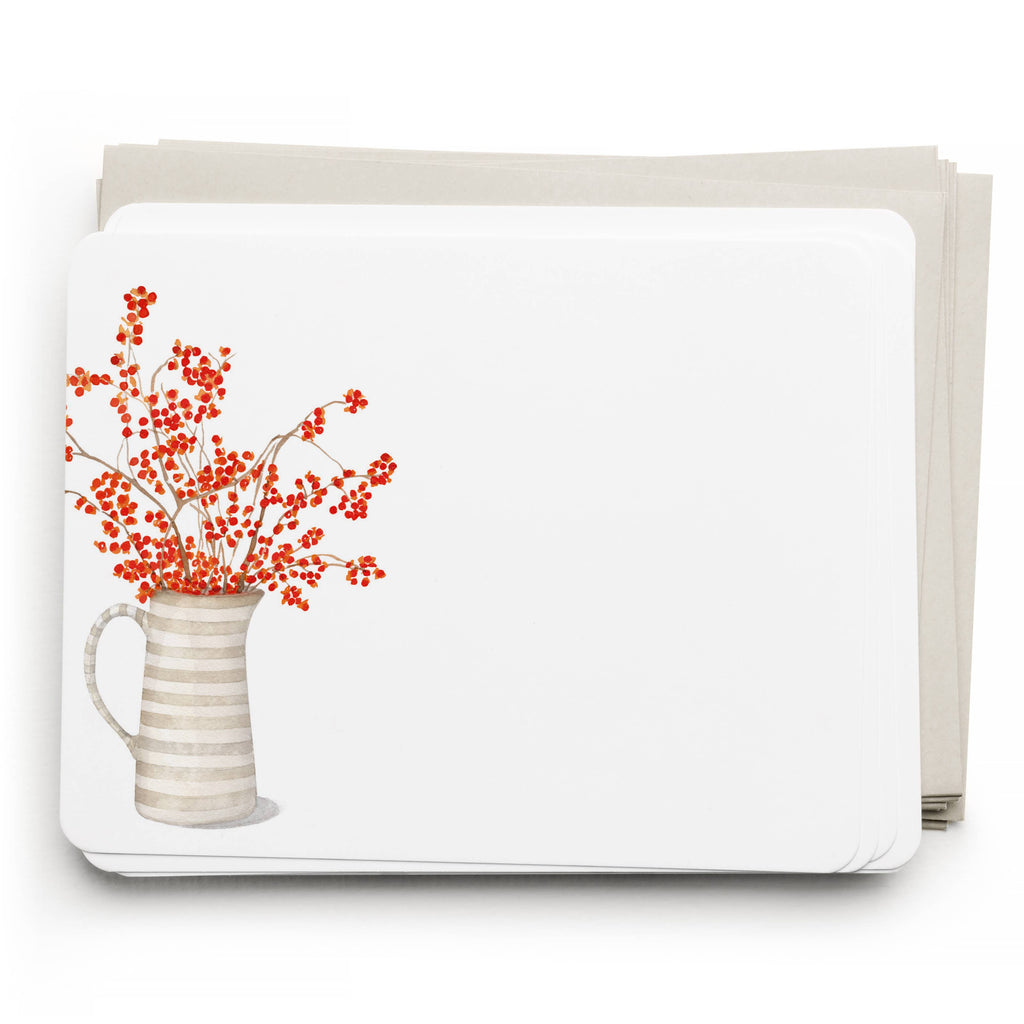 Set of 8 Autumn Berry Pitcher greeting and notecards by E. Frances Paper, featuring floral designs on flat note cards.