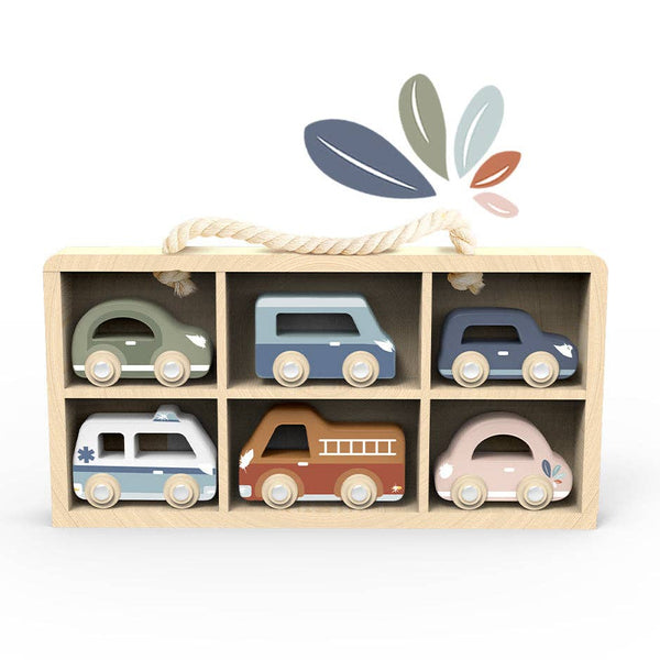 Wooden car display with six colorful toy cars from Speedy Monkey, ideal for children's play and collection.