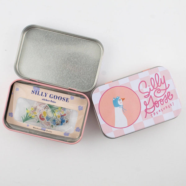 Bobo Design Studio Silly Goose Washi Flake and Trinket Tin with colorful stickers and decorative washi tape, for crafting and gifting.